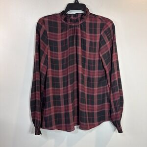 Ann‎ Taylor Purple Black Plaid Ruffle Trim Long Sleeve Blouse Top Sz S